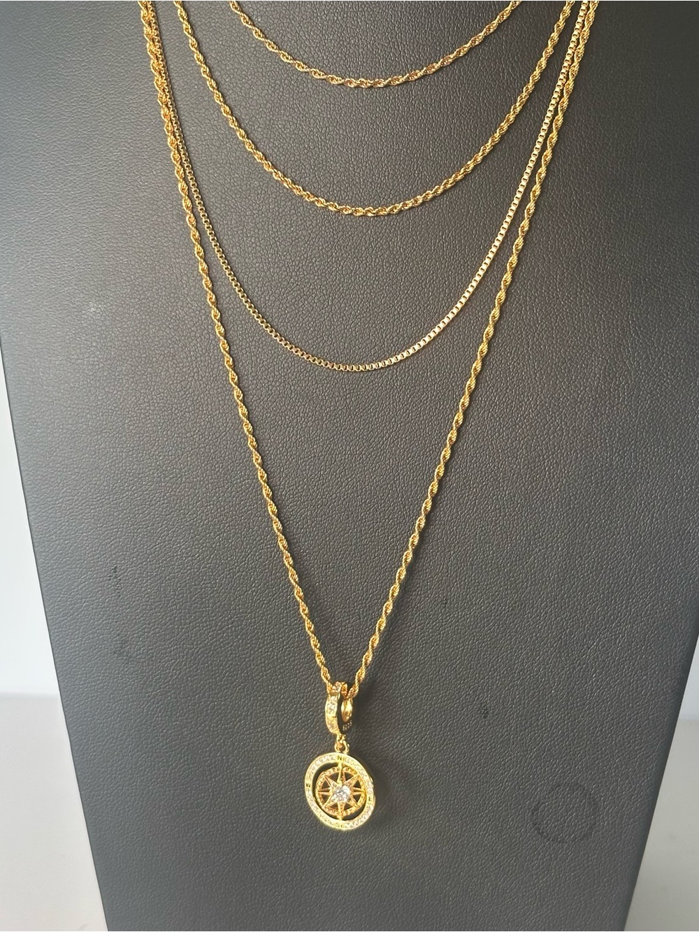 Gold Tone Layered Compass Star Pendant Necklace Crystal Accent